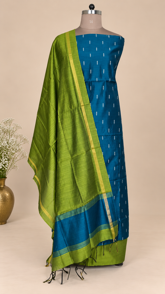 Teal Green Cotton Silk Weaving Unstitched dress material Suit set