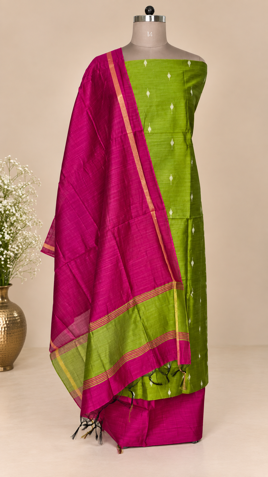 Green Magenta Cotton Silk Weaving Unstitched dress material Suit set