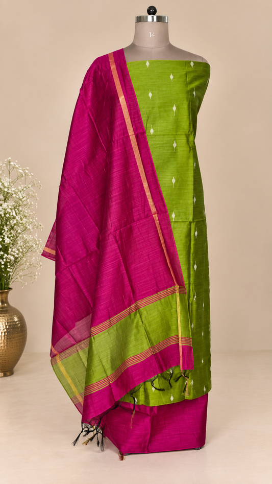 Green Magenta Cotton Silk Weaving Unstitched dress material Suit set