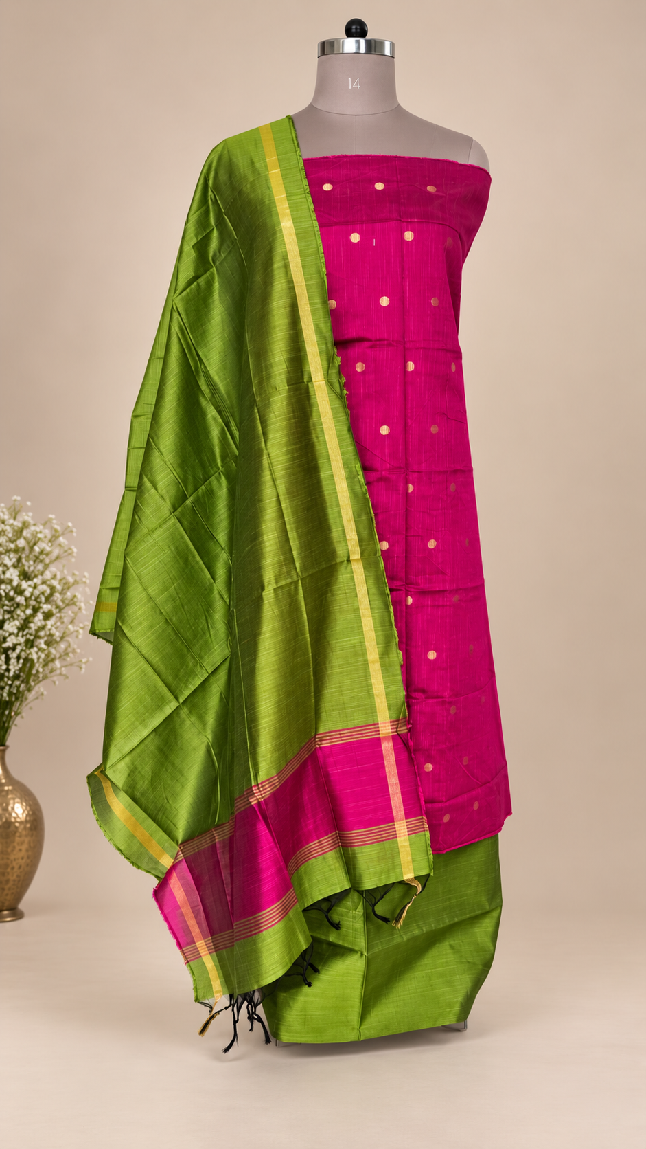 Pink Green Cotton Silk Weaving Unstitched dress material Suit set
