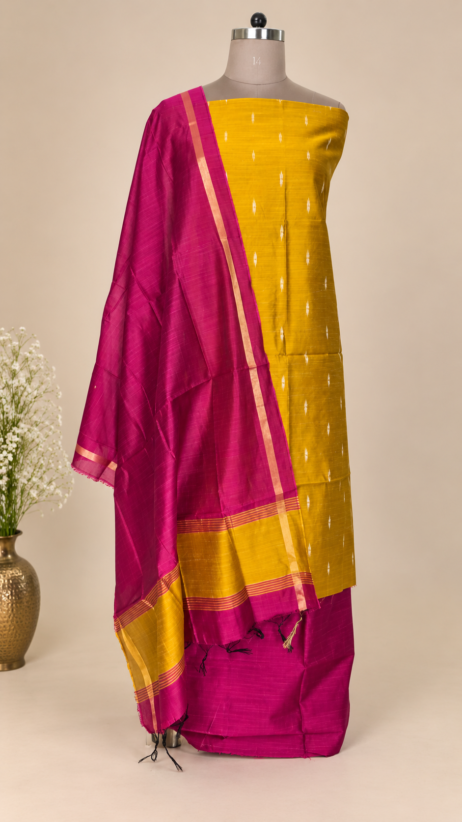Yellow Magenta Cotton Silk Weaving Unstitched dress material Suit set
