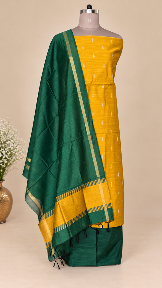 Yellow Green Cotton Silk Weaving Unstitched dress material Suit set