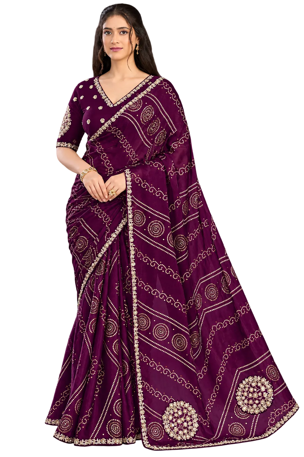 Dual Tone Wine Satin Silk Bandhej saree with hand work