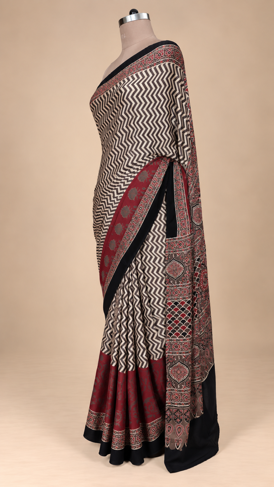 Beige Brown Ajrakh Block printed Modal Silk Saree VD03