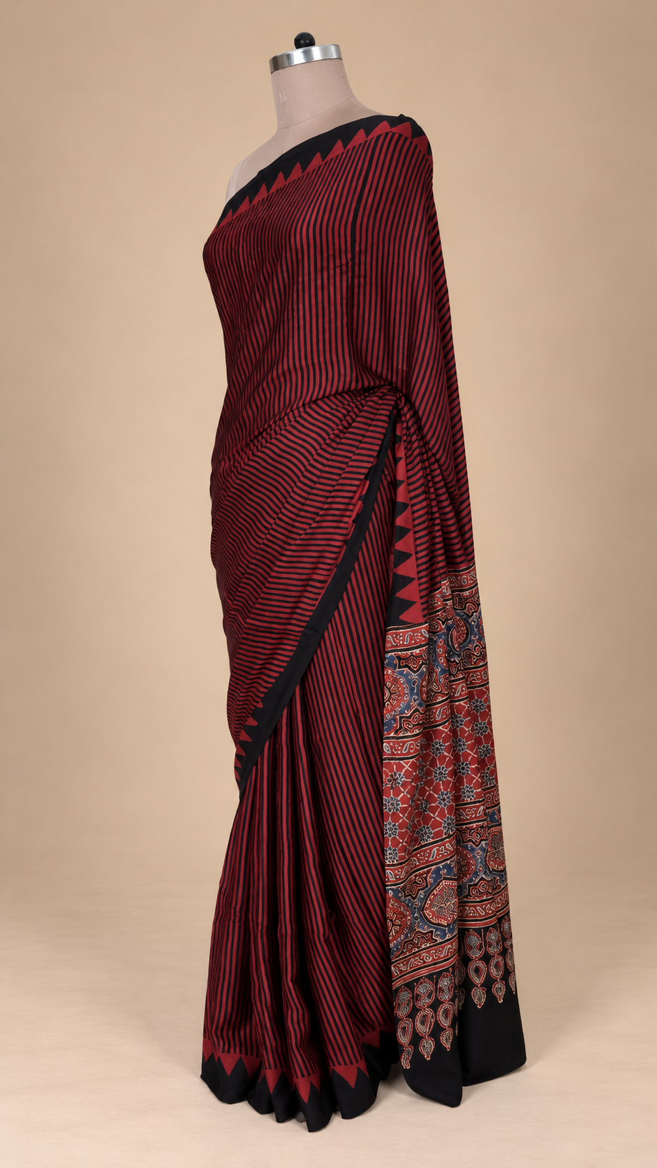 Reddish Maroon Ajrakh Block printed Modal Silk Saree VD02