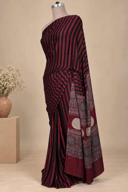 Maroon Ajrakh Block printed Modal Silk Saree VD01