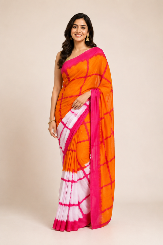 Orange Hand Block Printed Cotton saree AA06