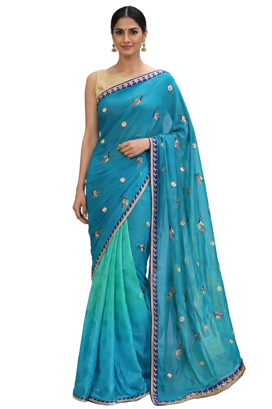 Designer Turquoise Peacock Motif Georgette Saree SP14