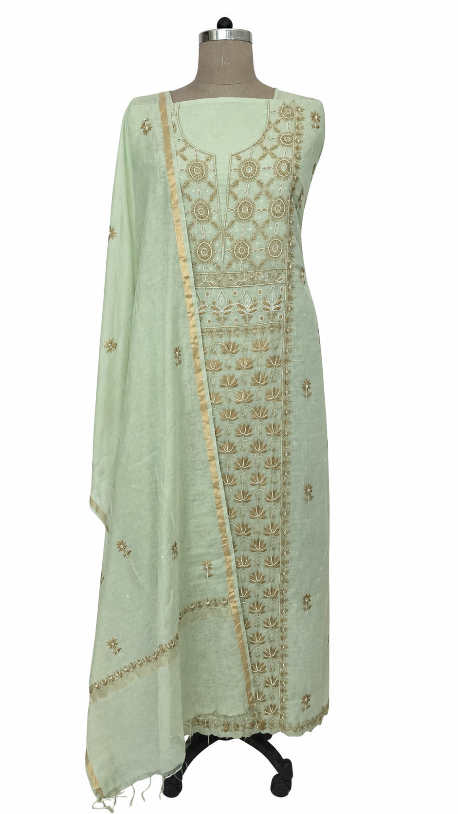 Light Green Mul Chanderi Chikankari Two piece Suit Dress Material