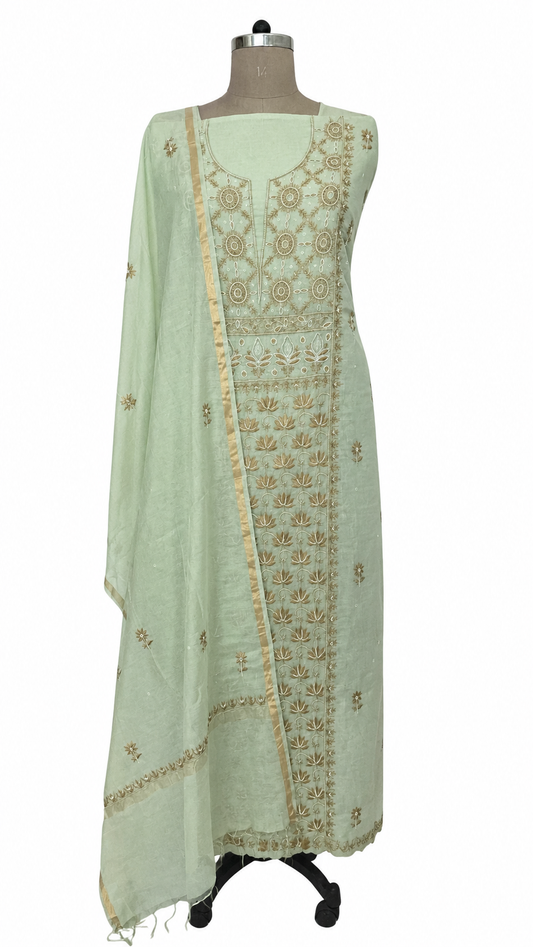 Light Green Mul Chanderi Chikankari Two piece Suit Dress Material