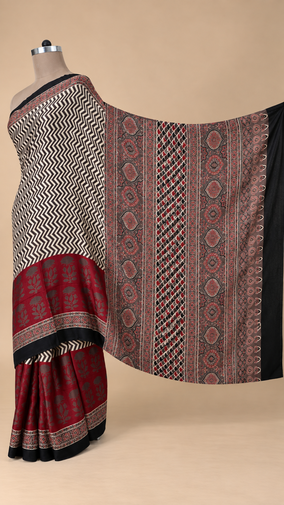 Beige Brown Ajrakh Block printed Modal Silk Saree VD03