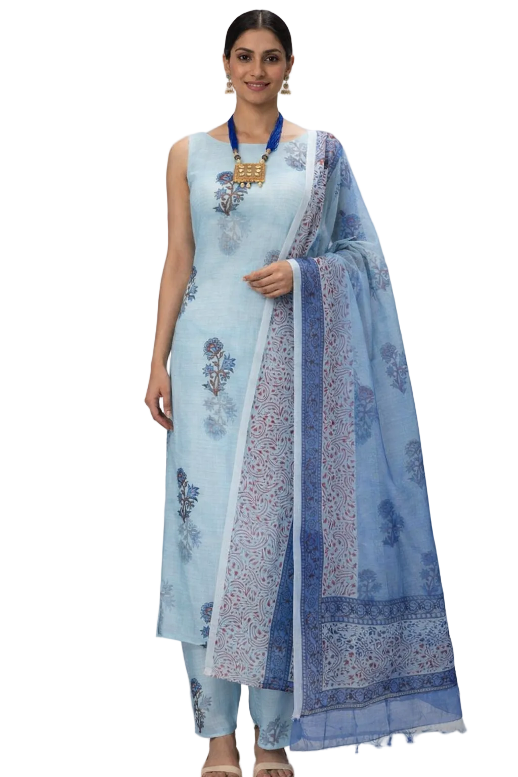 Exclusive Blue Block Printed soft Kota Cotton Kurta Dupatta Fabric Set KOTASS08