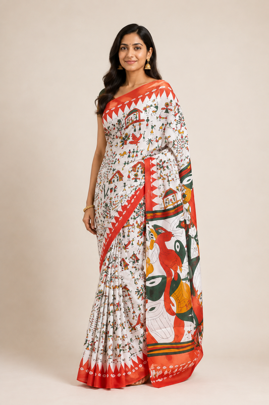 Off white Hand Block Printed Cotton saree AA03