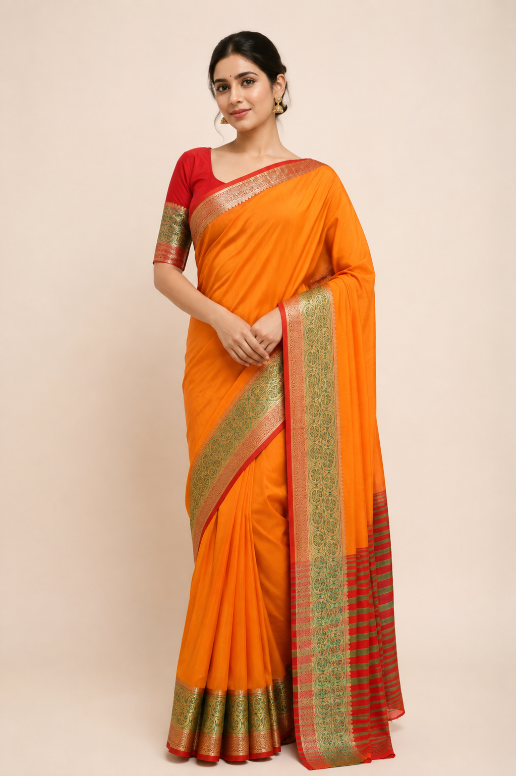 Designer Yellowish Orange Katan Silk Saree KN04