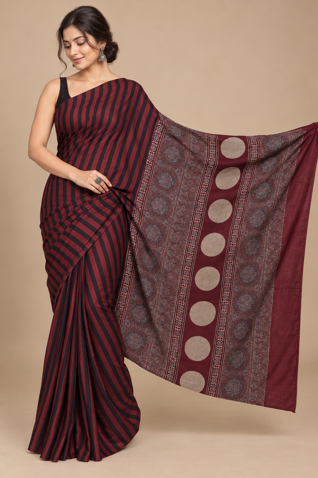 Maroon Ajrakh Block printed Modal Silk Saree VD01