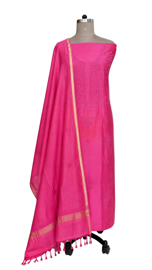 Magenta Pink Mul Chanderi Chikankari Two piece Suit Dress Material