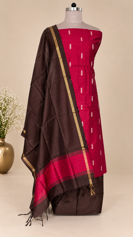 Maroon Brown Cotton Silk Weaving Unstitched dress material Suit set