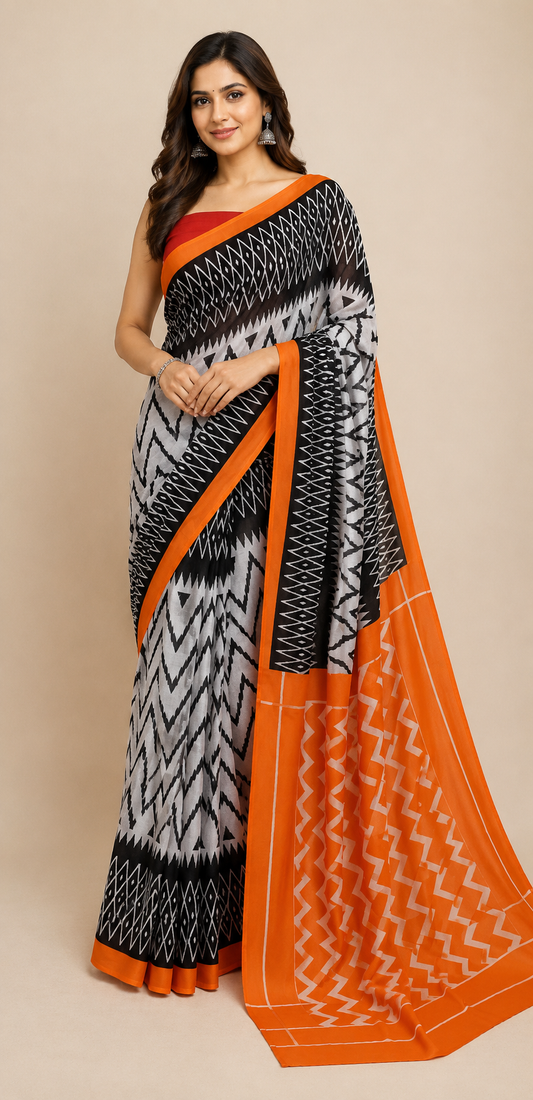 Orange Off white Screen Printed Mulmul Cotton Saree SK02