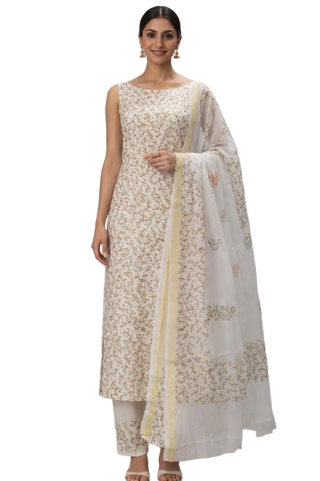 Exclusive Off White Block Printed soft Kota Cotton Kurta Dupatta Fabric Set KOTASS01
