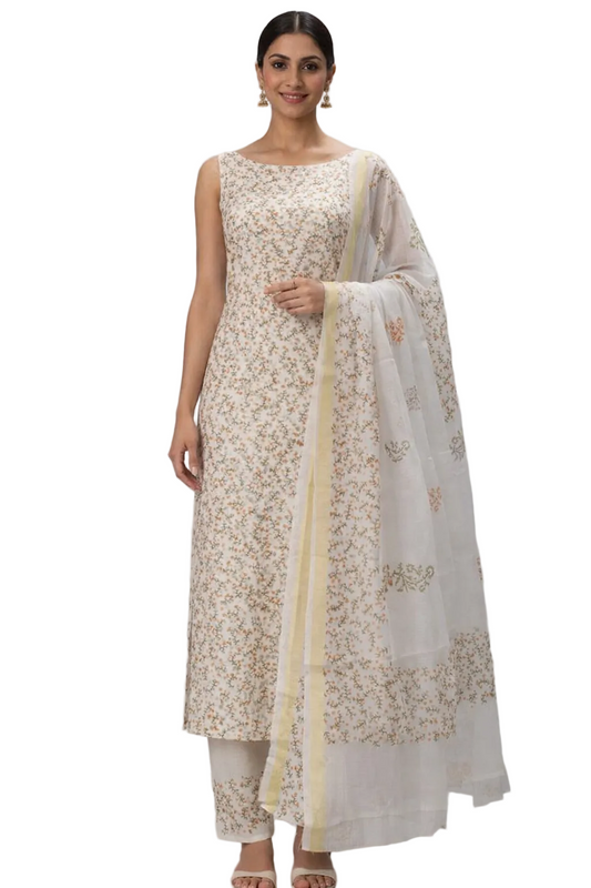 Exclusive Off White Block Printed soft Kota Cotton Kurta Dupatta Fabric Set KOTASS01