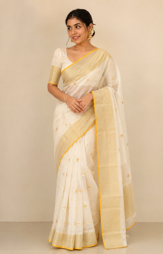 Off White Cream Cotton Silk Gold Border butti saree SHC3