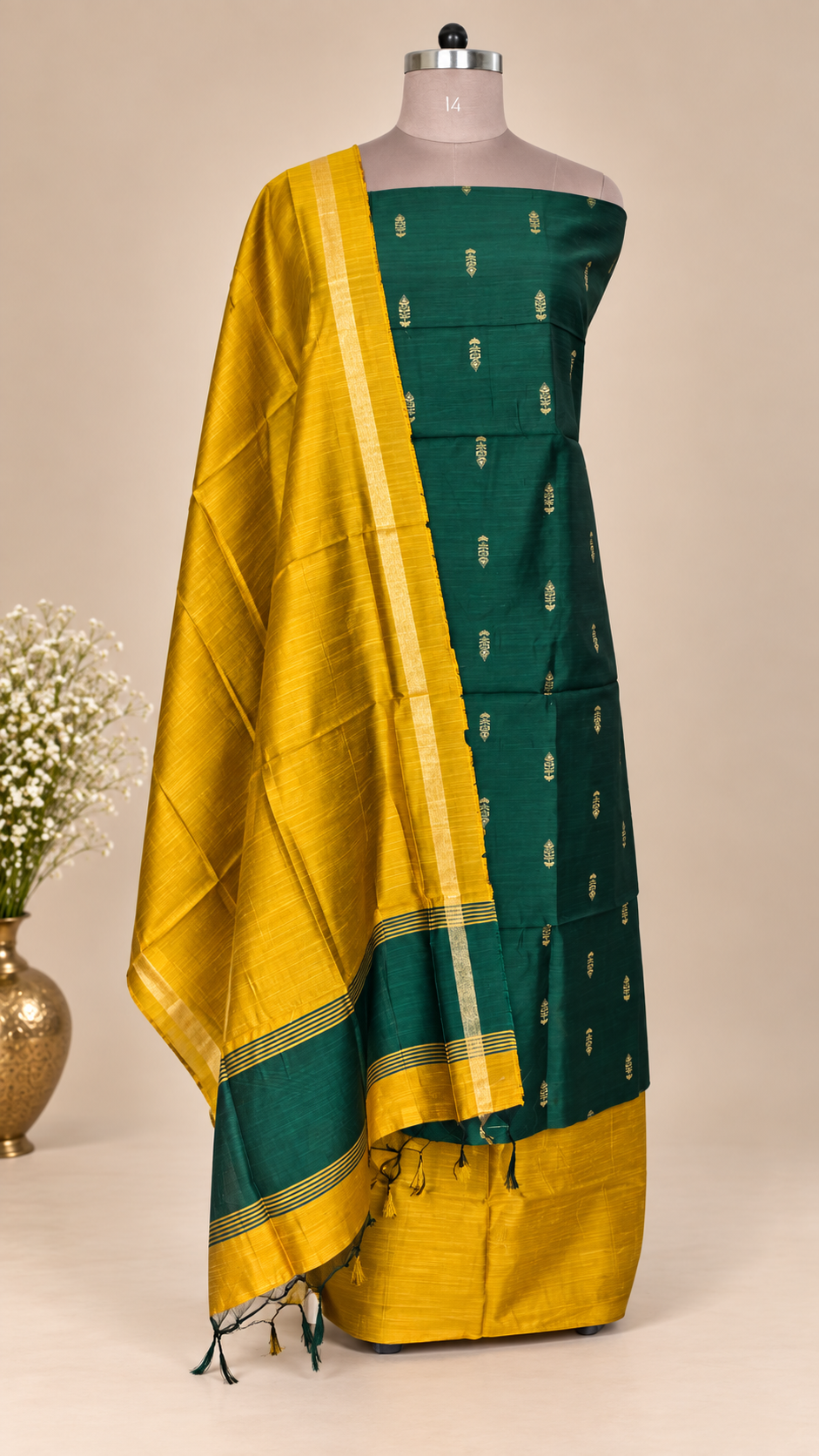 Green Yellow Cotton Silk Weaving Unstitched dress material Suit set