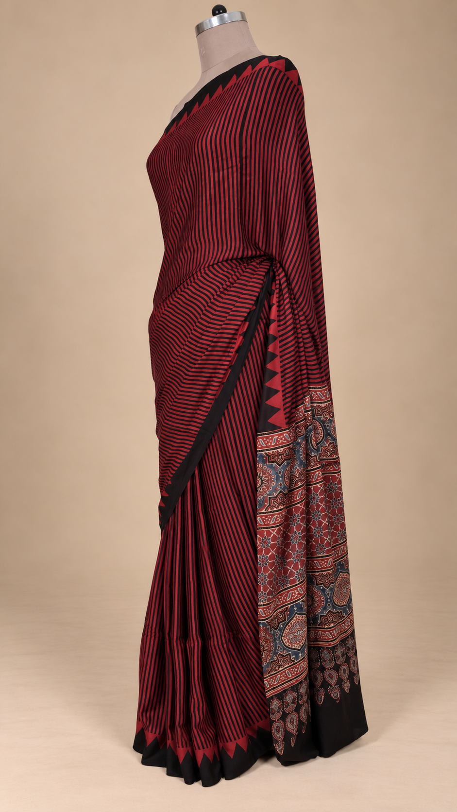 Reddish Maroon Ajrakh Block printed Modal Silk Saree VD02