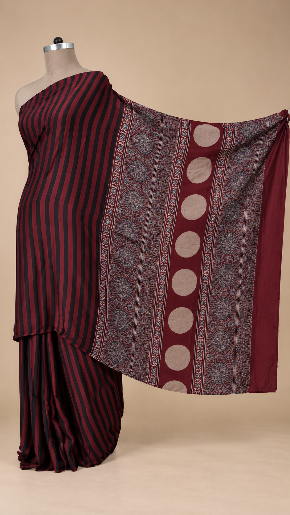 Maroon Ajrakh Block printed Modal Silk Saree VD01