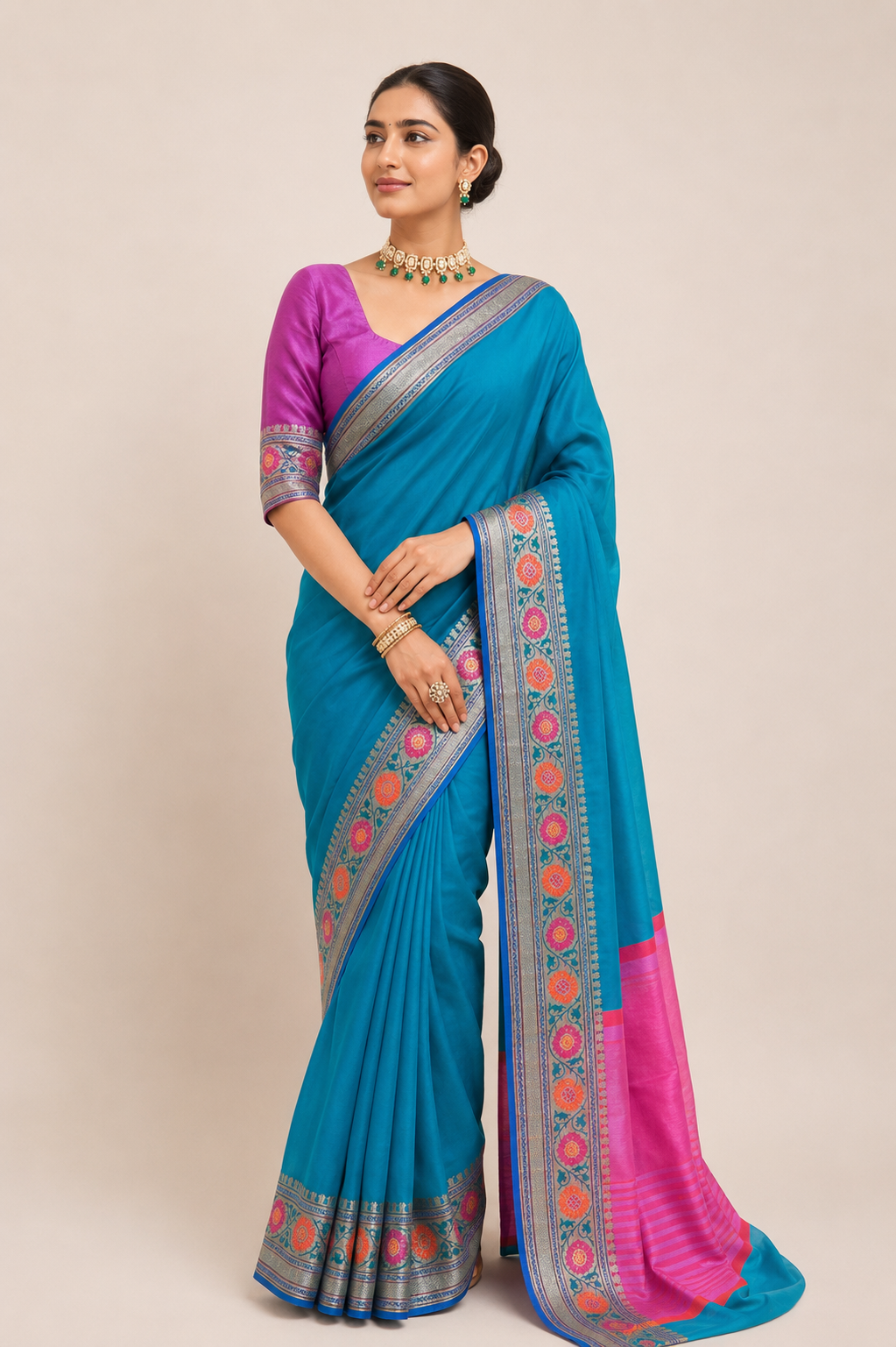 Designer Tuquoise Blue Katan Silk Saree KN01