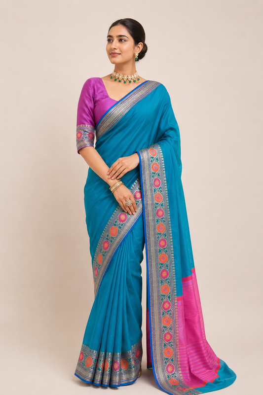 Designer Tuquoise Blue Katan Silk Saree KN01