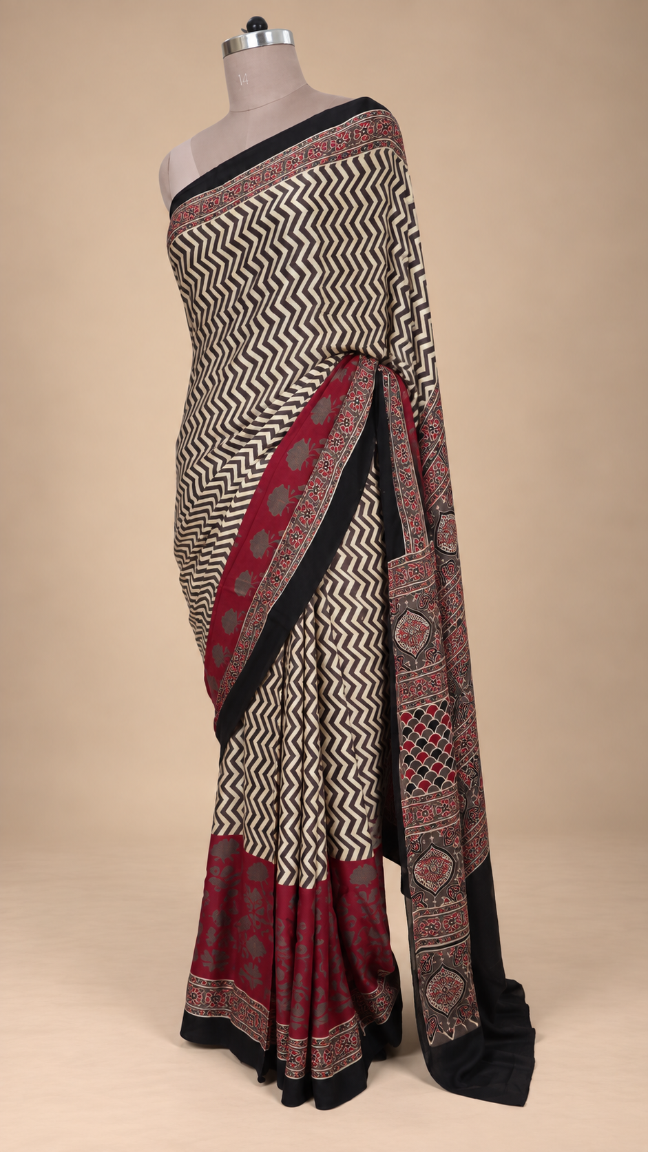 Beige Brown Ajrakh Block printed Modal Silk Saree VD03