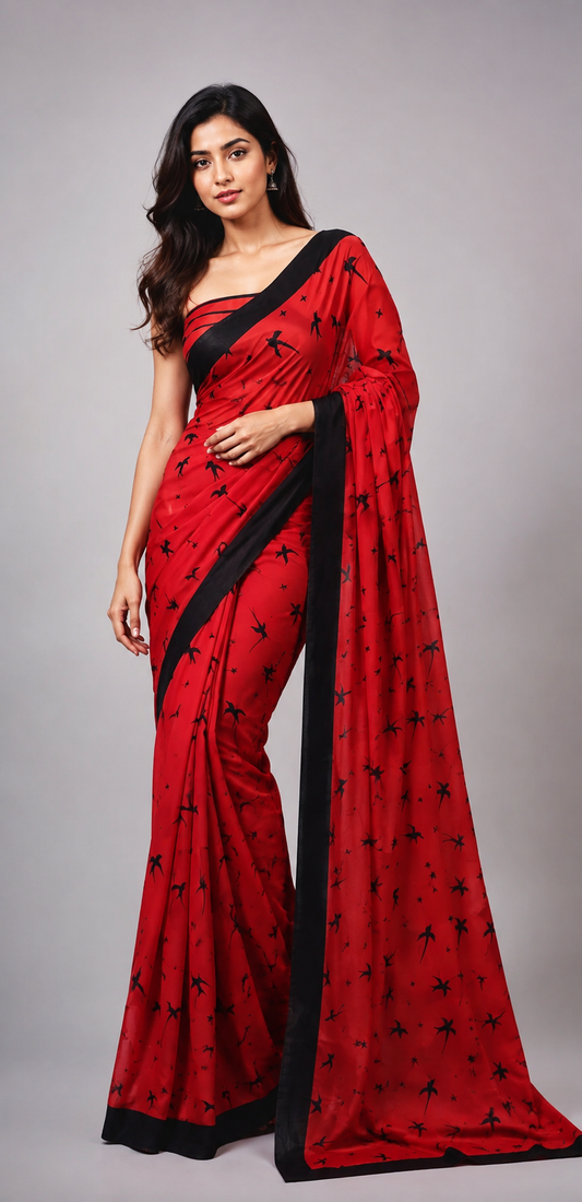 Red Screen Printed Mulmul Cotton Saree SK05