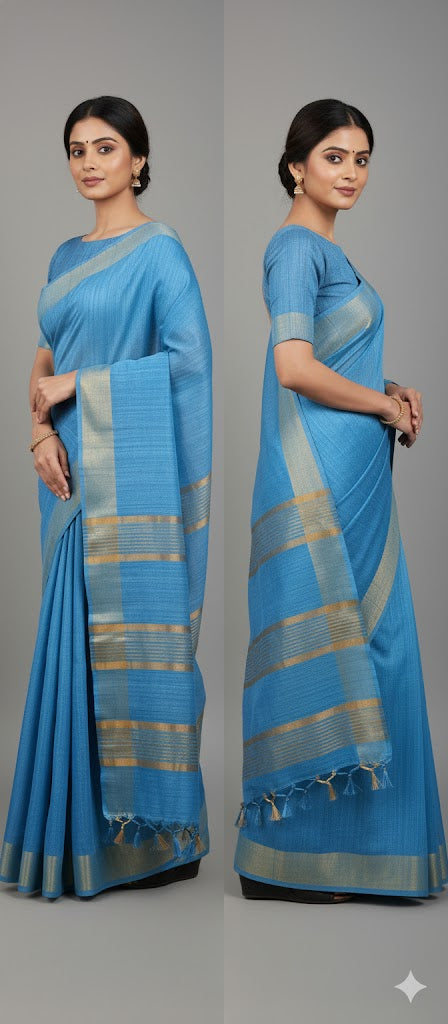 Blue pure Katan Ghicha Saree with Pure Ikkat Silk Blouse KG11
