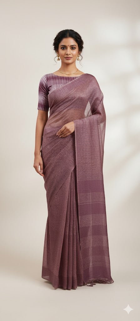 Onion Pink Katan Ghicha Saree with Pure Ikkat Cotton Blouse KG08