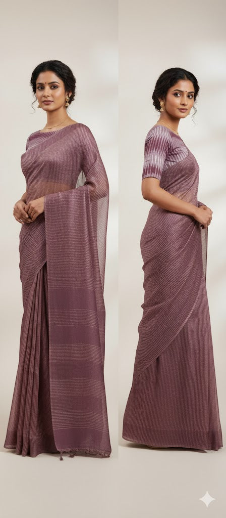 Onion Pink Katan Ghicha Saree with Pure Ikkat Cotton Blouse KG08