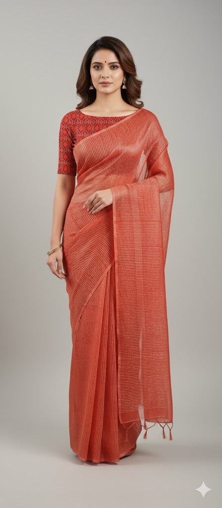 Orange Katan Ghicha Saree with Pure Ikkat Silk Blouse KG09