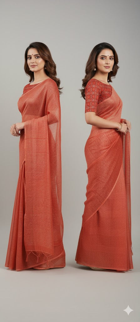 Orange Katan Ghicha Saree with Pure Ikkat Silk Blouse KG09