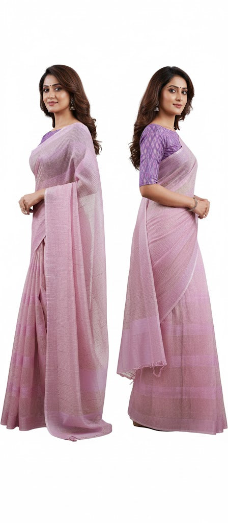 Pink Katan Ghicha Saree with Pure Ikkat Silk Blouse KG10
