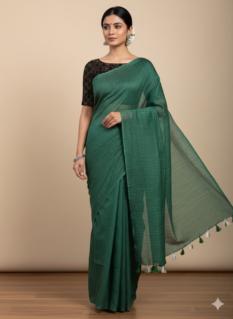 Exclusive Green Katan Ghicha Saree with Pure Ikkat Silk Blouse KG02