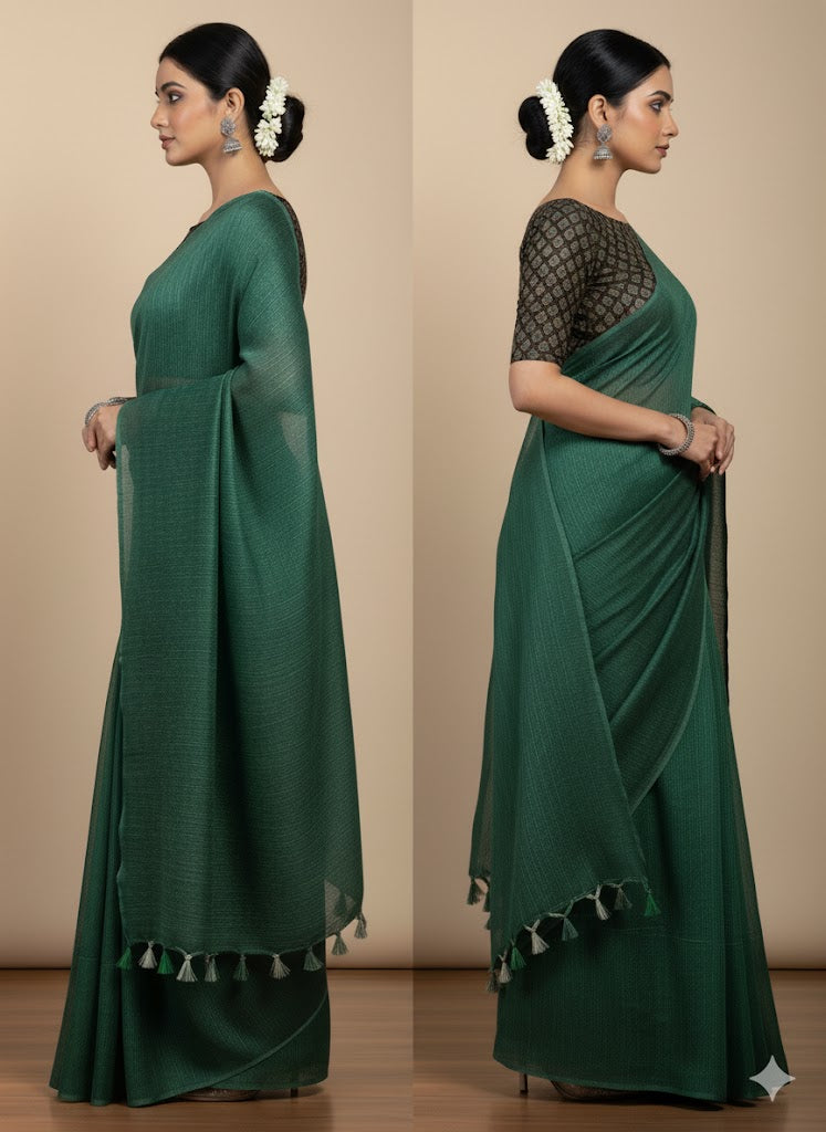 Exclusive Green Katan Ghicha Saree with Pure Ikkat Silk Blouse KG02