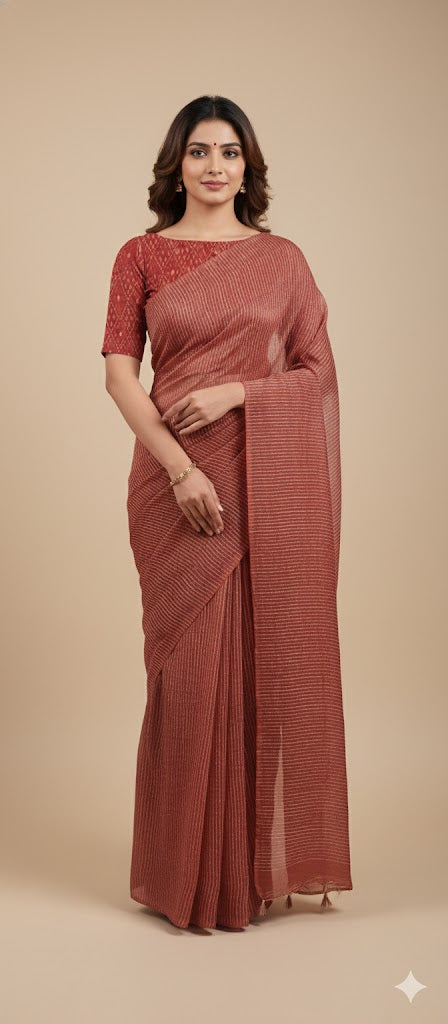 Rust Orange Katan Ghicha Saree with Pure Ikkat Silk Blouse KG05