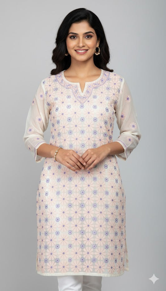 Cream Cotton Chikan work Stitched Kurta Dress Size 42 SC538