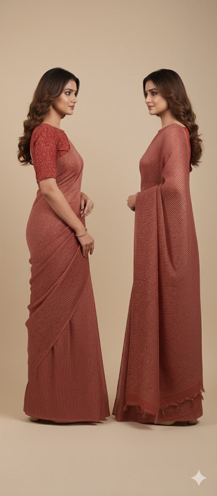 Rust Orange Katan Ghicha Saree with Pure Ikkat Silk Blouse KG05