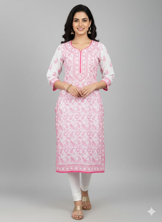 Designer Cotton White Chikan Long Kurti Kurta SC919 Size 40