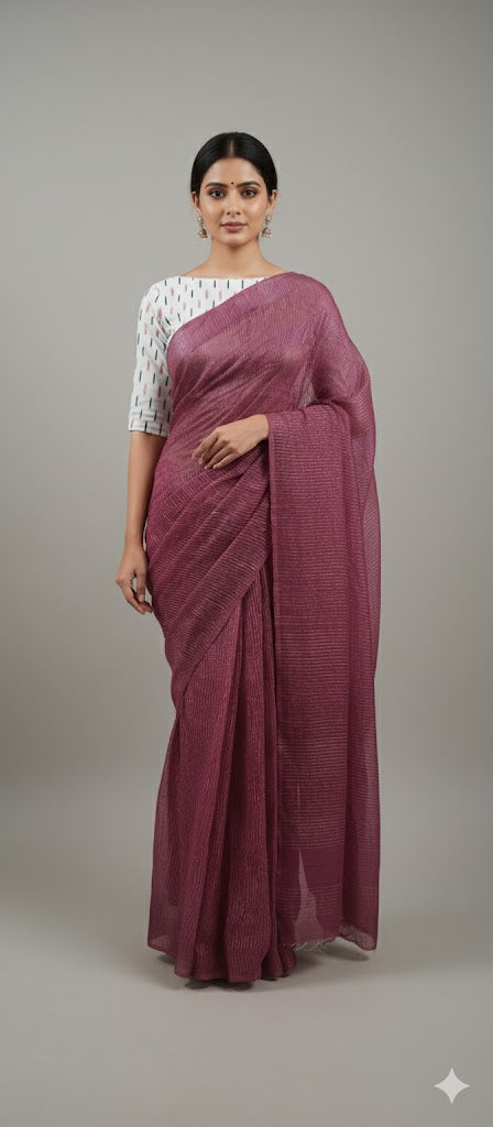 Onion Pink Katan Ghicha Saree with Pure Ikkat Cotton Blouse KG06