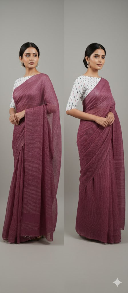 Onion Pink Katan Ghicha Saree with Pure Ikkat Cotton Blouse KG06