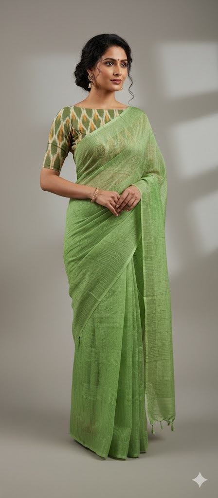 Green Katan Ghicha Saree with Pure Ikkat Cotton Blouse KG07