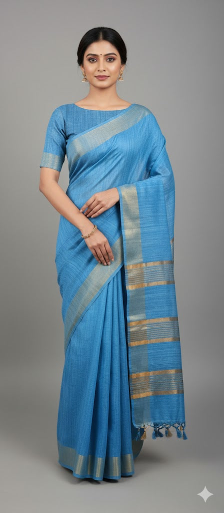 Blue pure Katan Ghicha Saree with Pure Ikkat Silk Blouse KG11