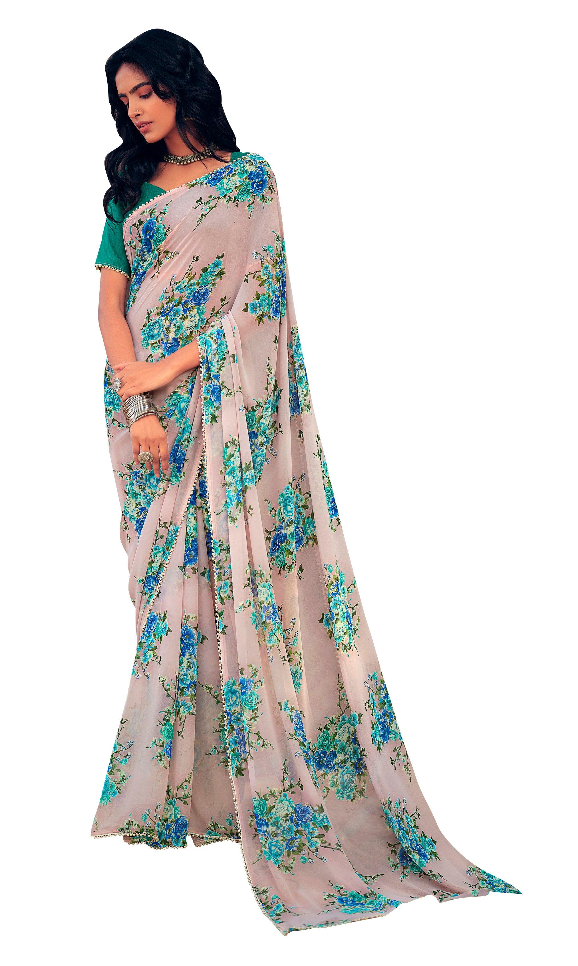 Light Grey Floral Printed Saree with Pearl Lace Work MN3802 - Ethnic's By Anvi Creations