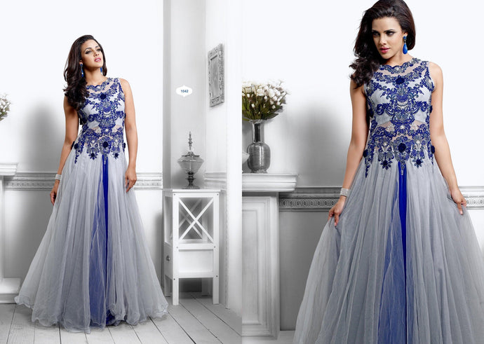 Designer Stitched Western Dress Grey and Blue Net Long Gown SC1042-Anvi Creations-Partywear Gown